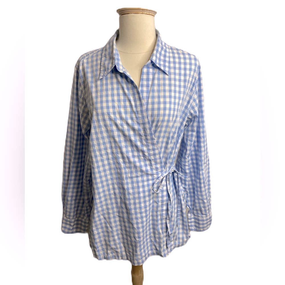 AVON BLUE & WHITE WRAP TOP
